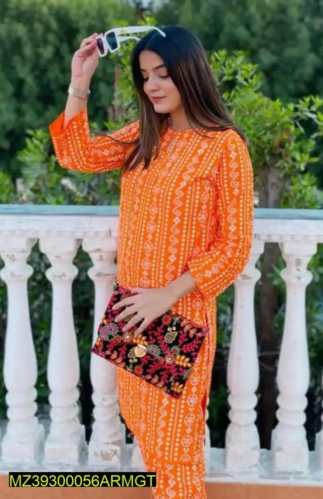 2 Pcs Women's Stitched Linen Printed Suit 1