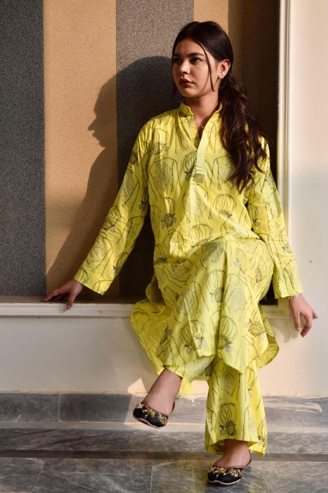 Stylish Women's Stitched Printed Linen Shirt and Trouser Set in Vibrant Yellow