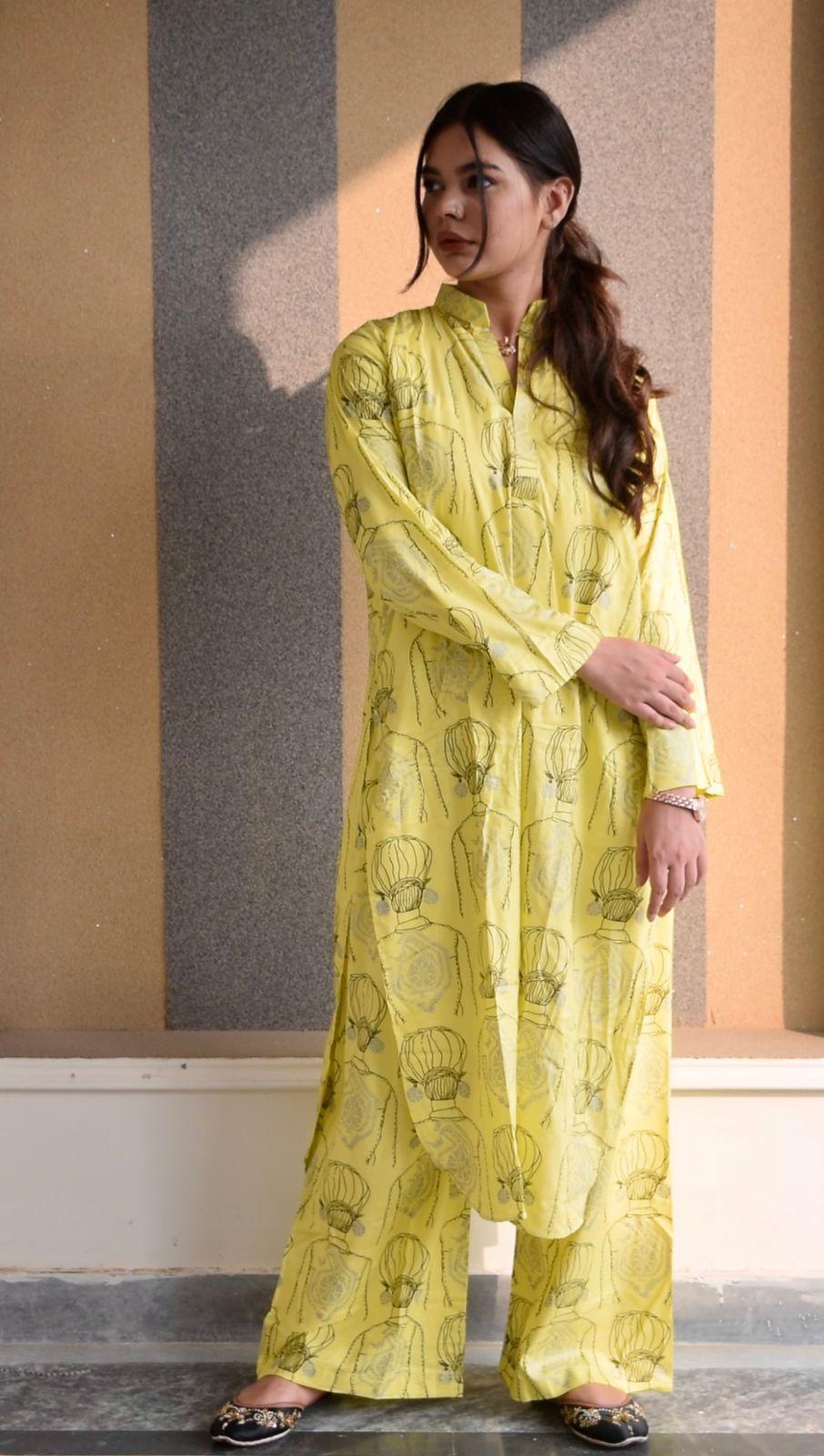 Stylish Women's Stitched Printed Linen Shirt and Trouser Set in Vibrant Yellow