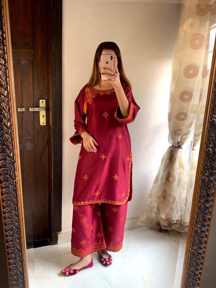 2 Pcs Women's Stitched Linen Embroidered Shirt And Trouser 2