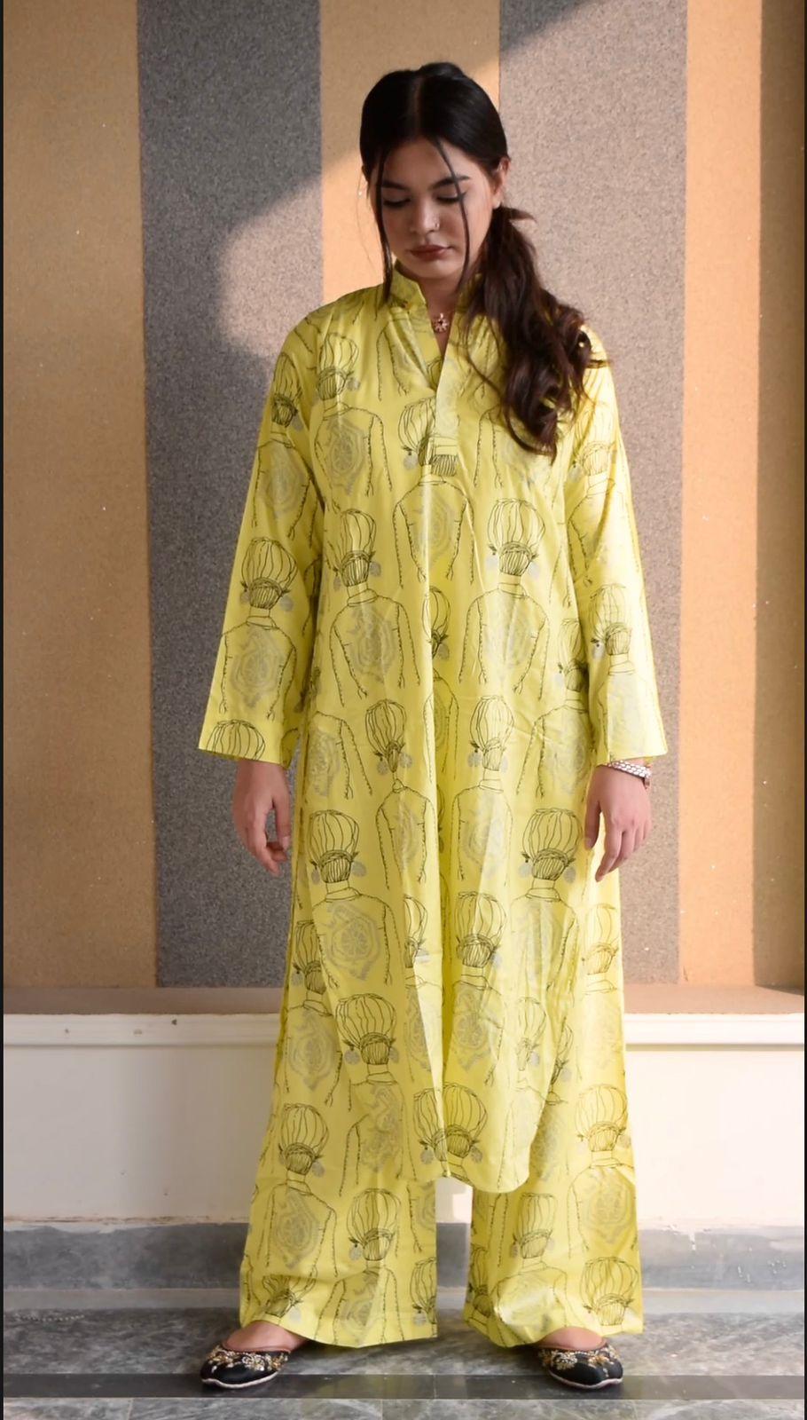 Stylish Women's Stitched Printed Linen Shirt and Trouser Set in Vibrant Yellow